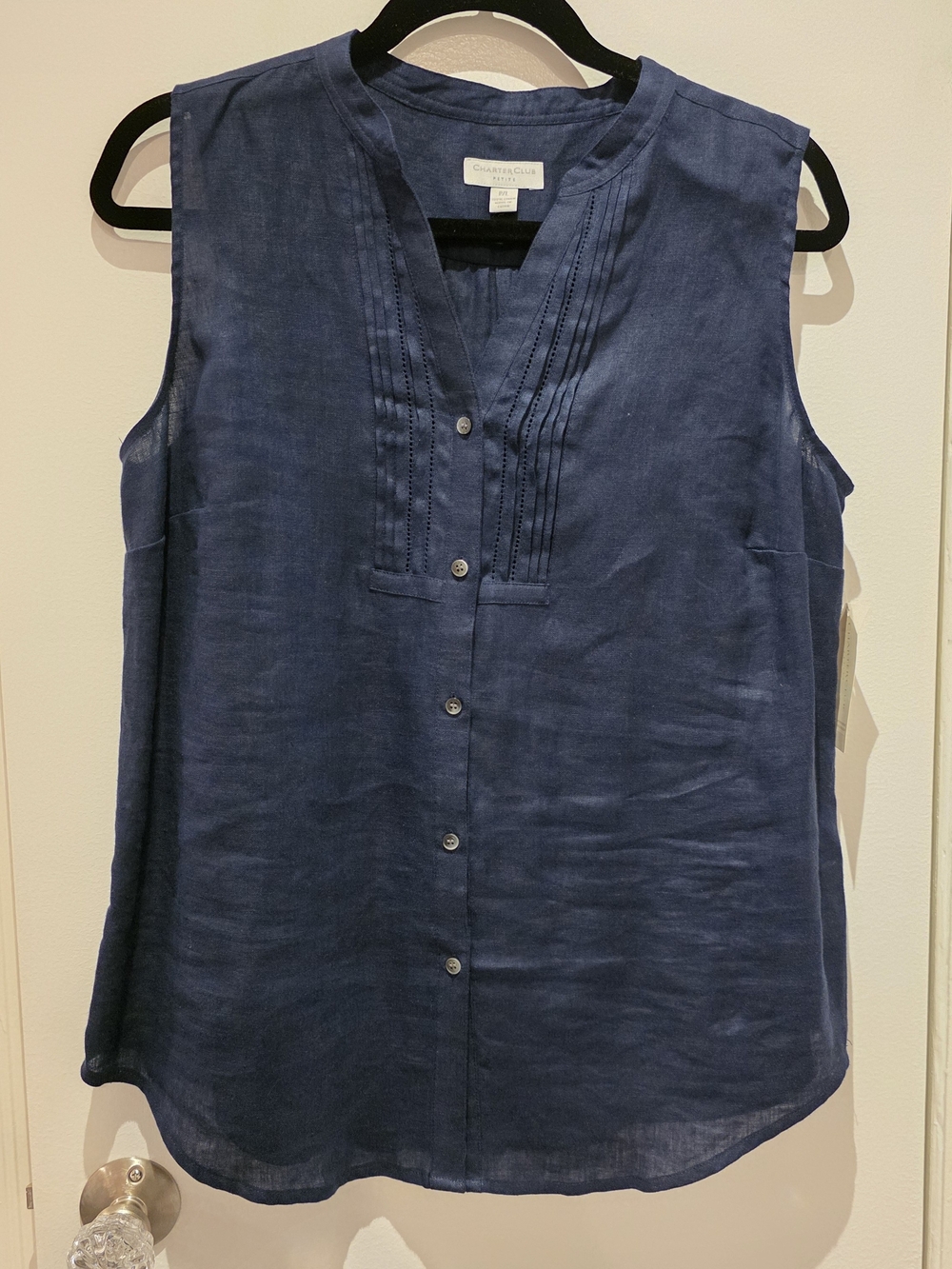 Charter Club Sleeveless Button-Front Linen Top - Navy Blue - PL